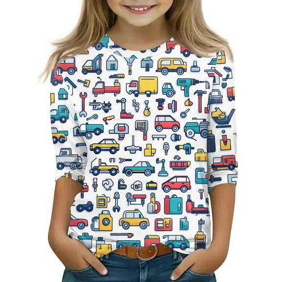 Xyxonk Girls Graphic Tees Fall 3/4 Sleeve Tops Crew Neck Cute Going Out Shirts 2025 Car Print Half Sleeve Outfits 5-7 Years