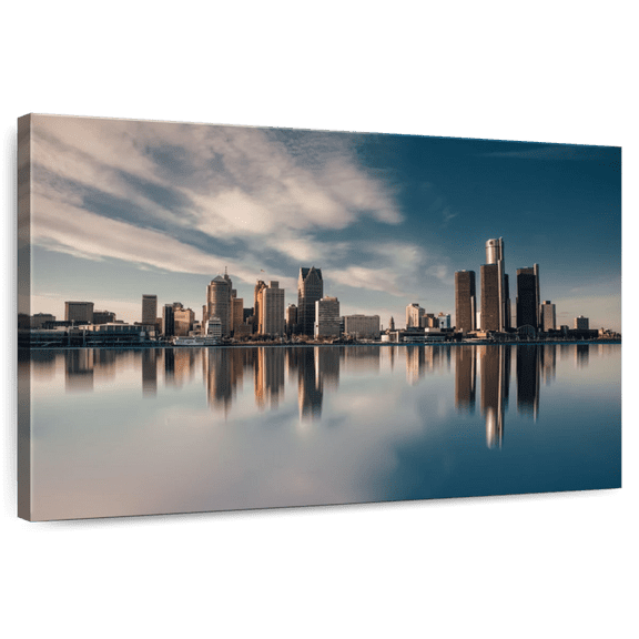 Elephant Stock Detroit Skyline Reflection Wall Art - Horizontal Canvas Wall Art - Living Room Wall Decor - Places Canvas - Teal And White Decor - 12" x 8"