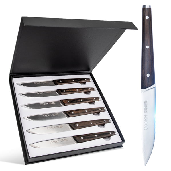Kitchen + Home Steak Knives – Stainless Steel Pointed Tip Serrated Steak Knife Set – 6 Pack