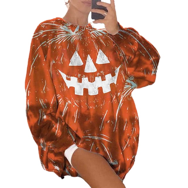 CAROOTU Chandail à Capuche Imprimé Halloween Visage de Fantôme Col Rond Citrouille Chandail en Molleton Ample pour Usage Quotidien Automne Hiver