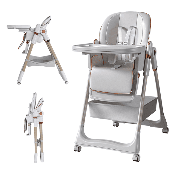 Foldable Baby High Chair, Adjustable Infant Feeding Chair with Tray, Wheels & Safety Harness, 6 Months–6 Years