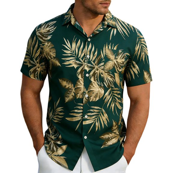 XIAONU Mens Hawaiian Shirt Tropical Leaf Print Casual Short Sleeve Button Down Vacation Beach Top