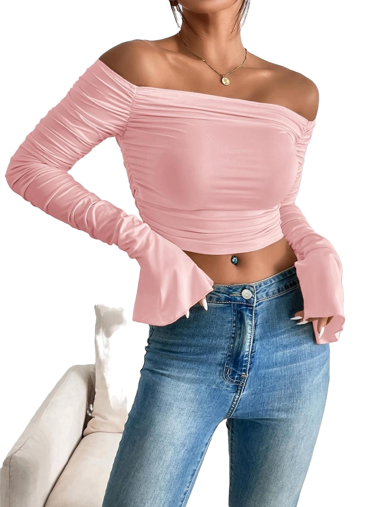 Baby Pink Ruched Long Sleeve Crop Top, Tops