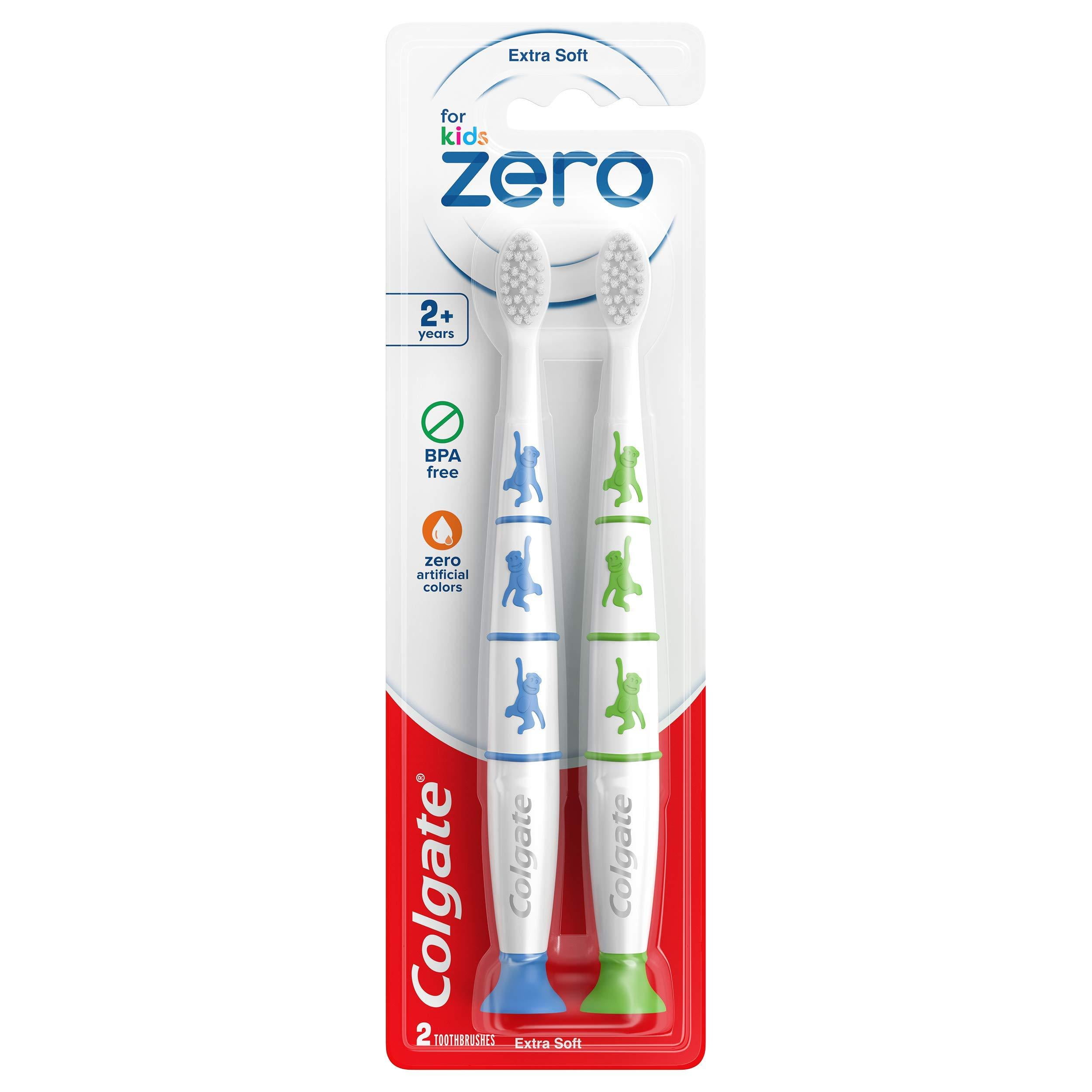 Colgate Zero Kids Toothbrush with Extra Soft Bristles and Suction Cup Holder, BPA Free 2 Count