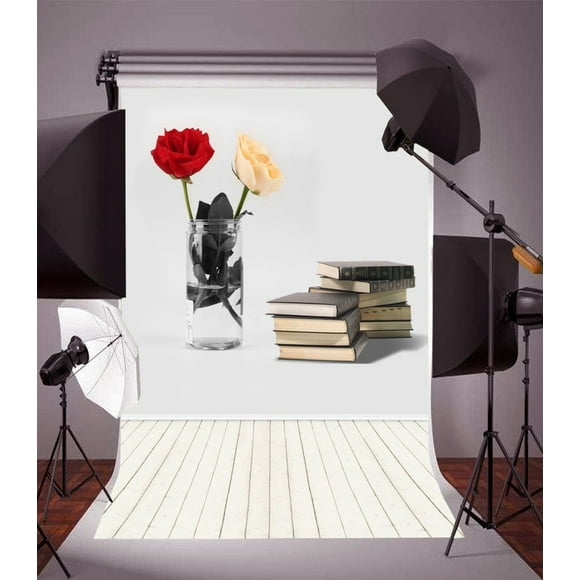 EREHome Polyester Fabric 5x7ft Photography Background Leisure Life Modern Flower Vase Books Plain theme White Wall Stripes Wood Floor Scene Lovers Adults Portrait Backdrop Shooting Video Photo Studio Props
