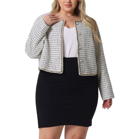 Agnes Orinda Plus Size Halloween Outfits Plaid Tweed Blazer for Women Collarless Long Sleeve Open Front Work Short Jacket 3X White