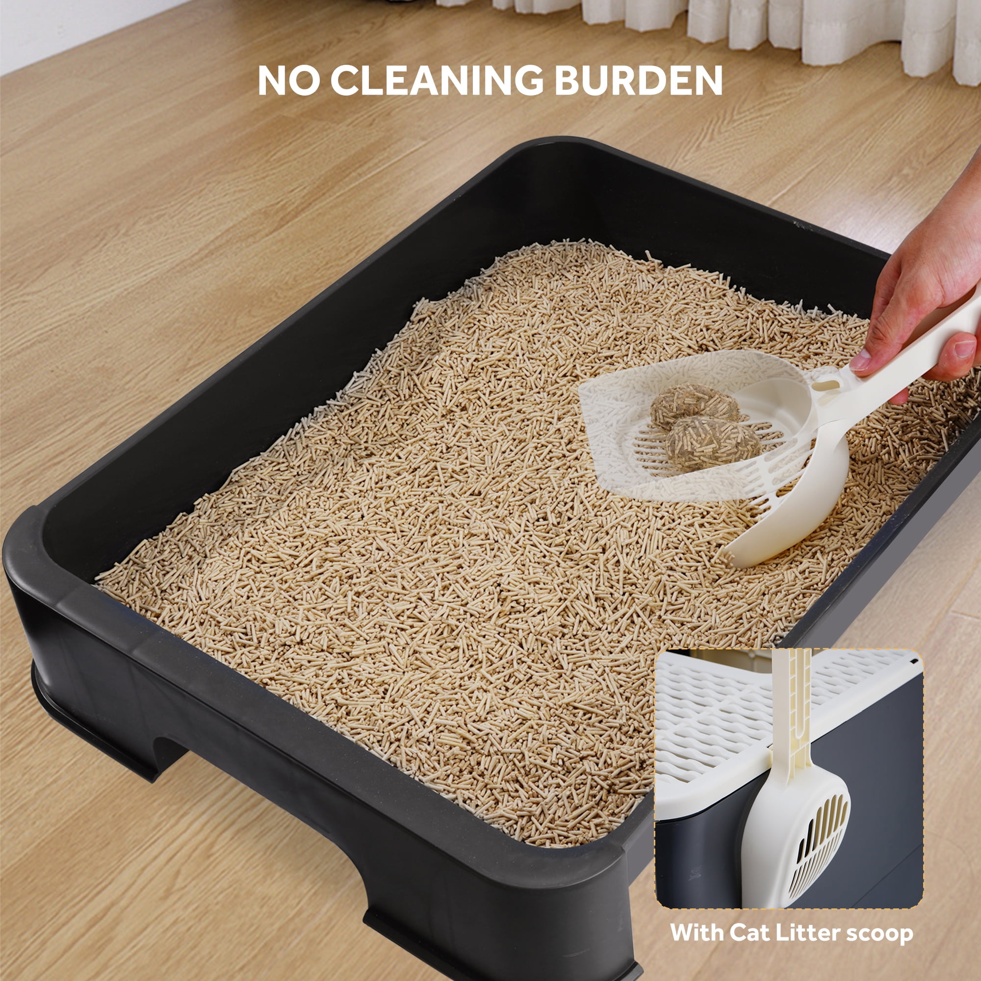Wood Pellet Cat Litter with Plastic Scoop Top View Stock Photo