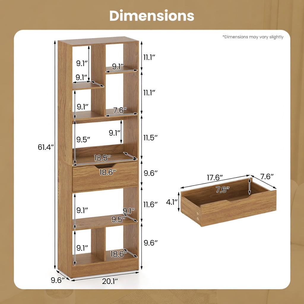 GVN 61inch Tall Freestanding Bookcase 8-Cube Storage Organizer with Drawer Multi-Use Open Shelves for Home Office Study Living Room Books Decor Display, Natural