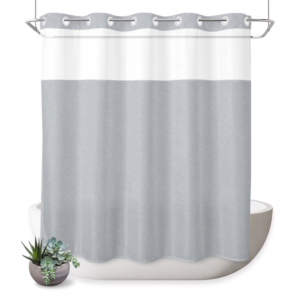 No Hook Shower Curtain, Gray Solid Color Shower Curtains for Bathroom with See Through Top Window, Modern Minimalist Pure Color Waterproof & Washable Bath Curtain 66"x72"