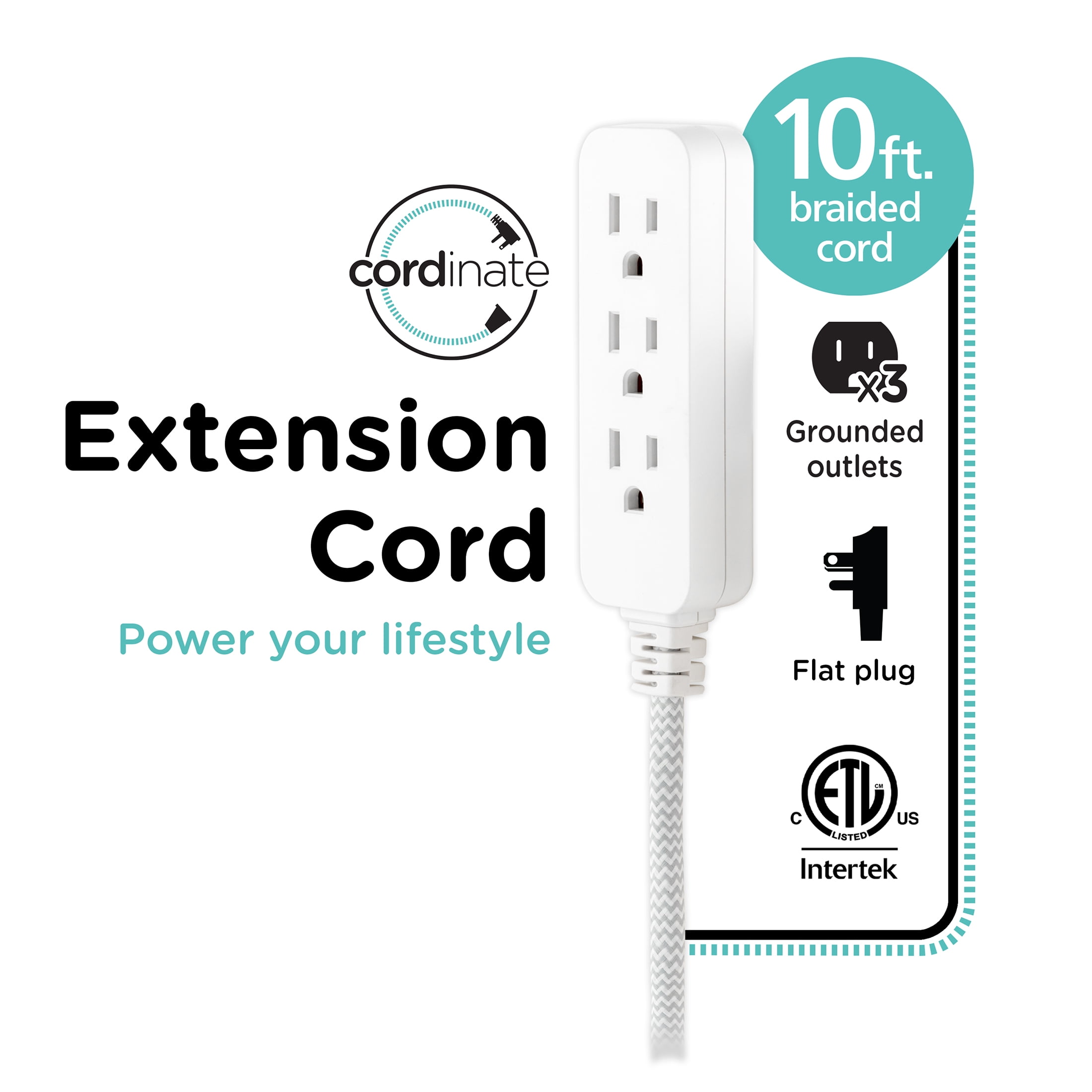 (2 pack) Cordinate 10ft. 3-Outlet Extension Cord, White/Gray – 39624