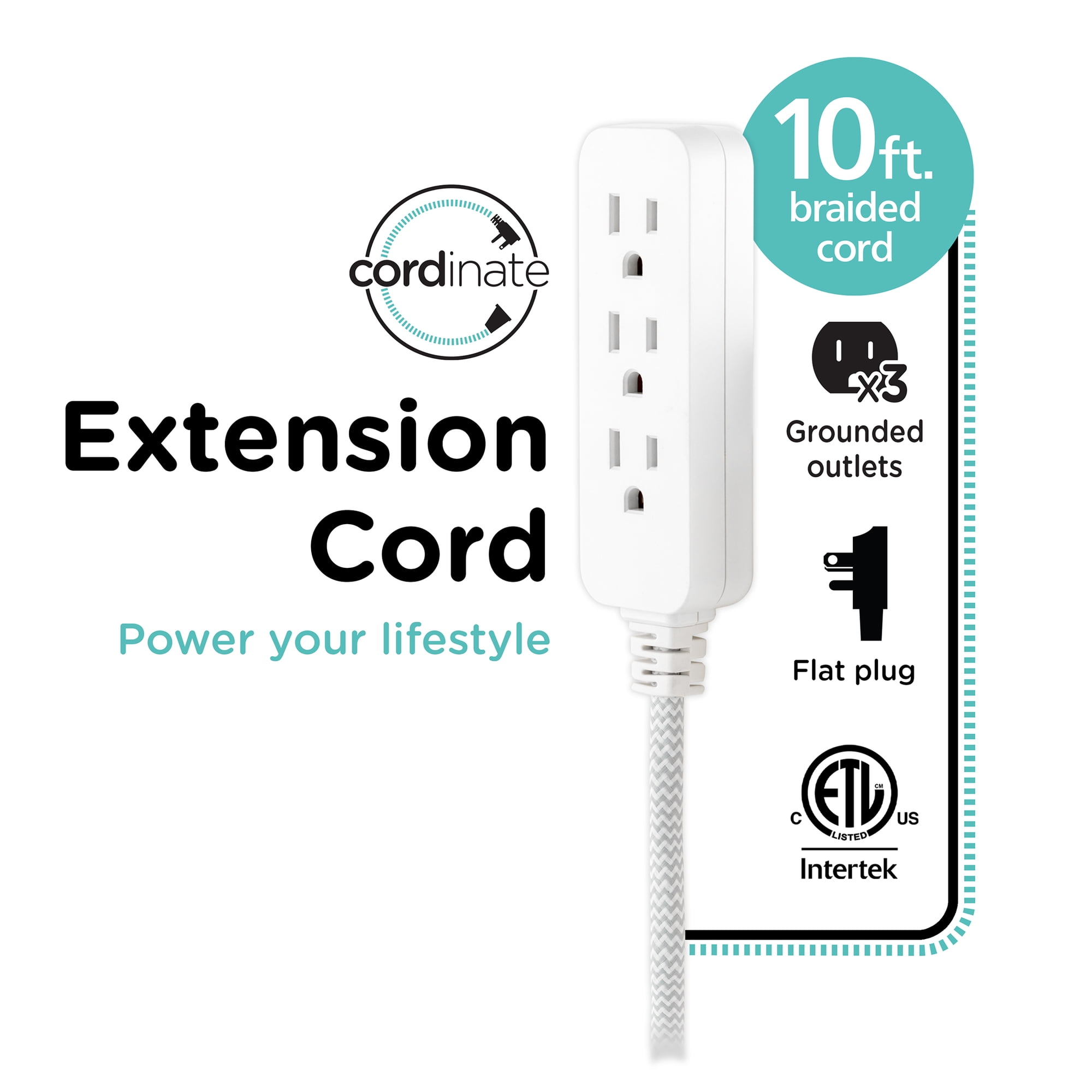 Cordinate 10FT 3-Outlet Indoor Extension Cord, Flat Plug, 3 Prong, White/Grey