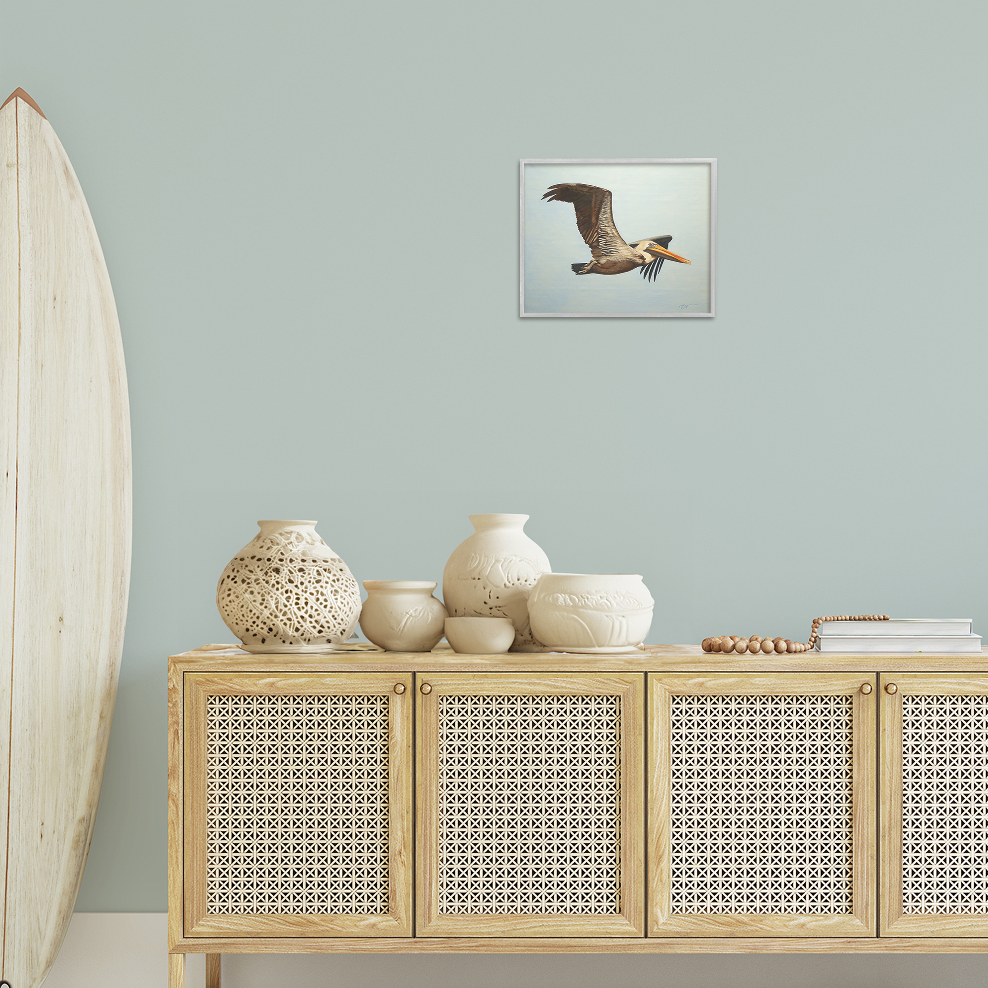 Stupell Industries Brown Pelican in Flight Animals & Insects Painting Gray Framed Art Print Wall Art, 14 x 11