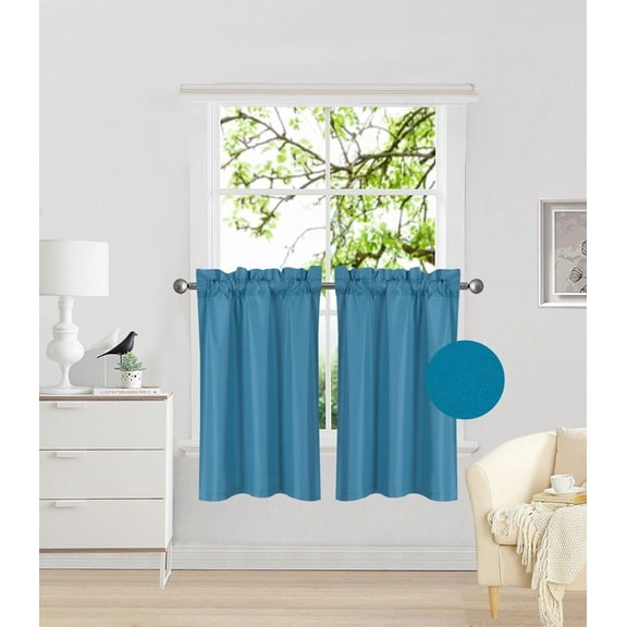 RS5 1-Set Teal Blue Rod Pocket Silky Window Curtain Lined Blackout, Two (2) Panels 30"X 36" Each