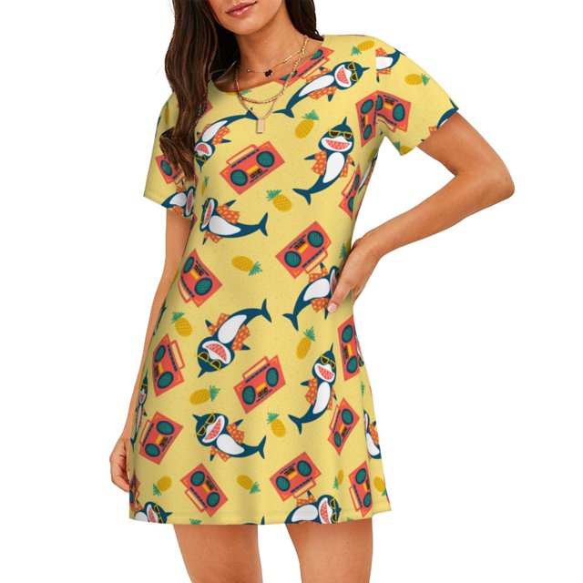 Fotbe Pineapples Sharks In Hawaiian Bata de Dormir para Mujer con Estampado, Camisón de Algodón de Manga Corta, Ropa de Dormir Casual