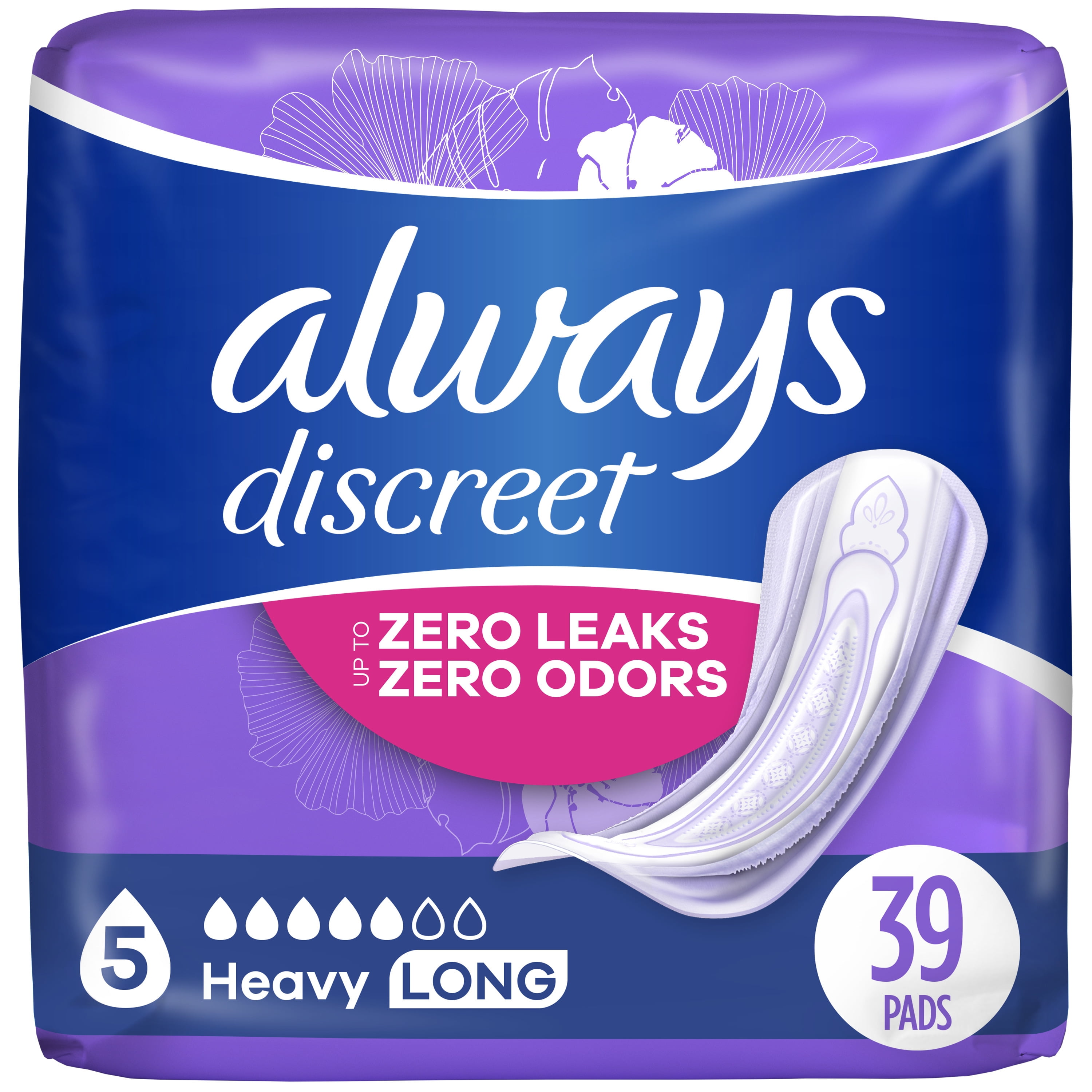 Always Discreet Incontinence Pads for Women, Heavy Absorbency, Long Length, Postpartum Pads, 39 Count