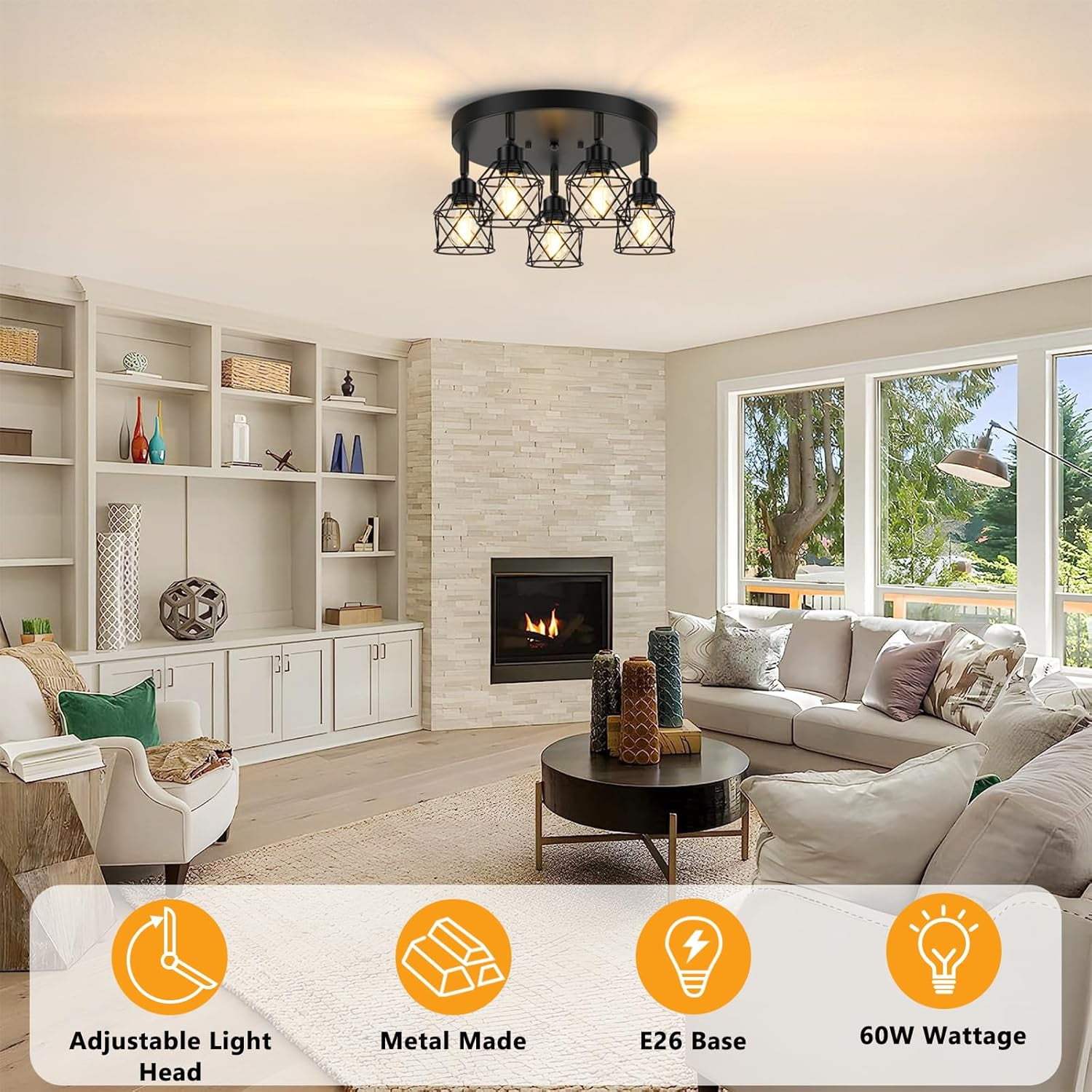 5-Light Adjustable Kitchen Light Fixtures Multi-Directional Black Ceiling Light Fixtures Semi Flush Mount Ceiling Light Vintage Metal Cage Spotlight Fixture for Hallway Dining Room Entryway
