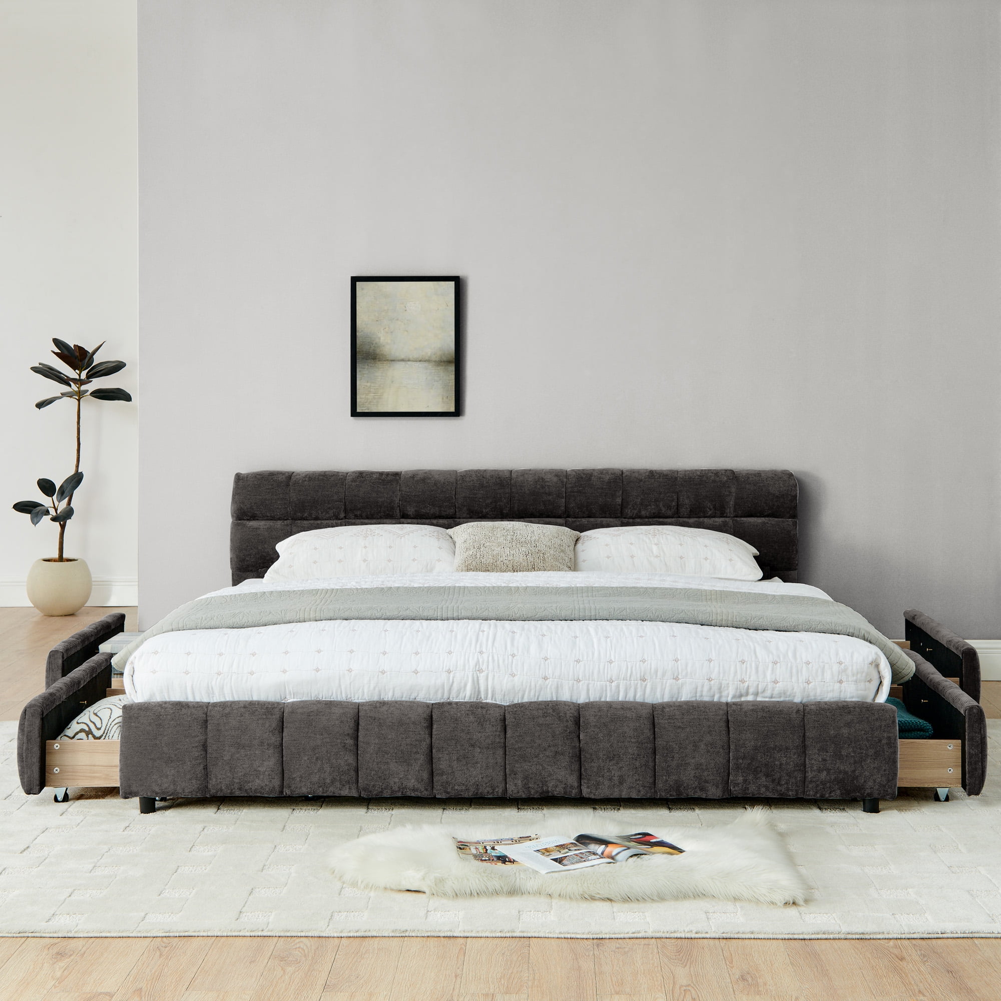 Aukfa King Size Upholstered Bed Frame with 4 Storage Drawers, Chenille Fabric Platform Bed, Tufted Design, Dark Gray