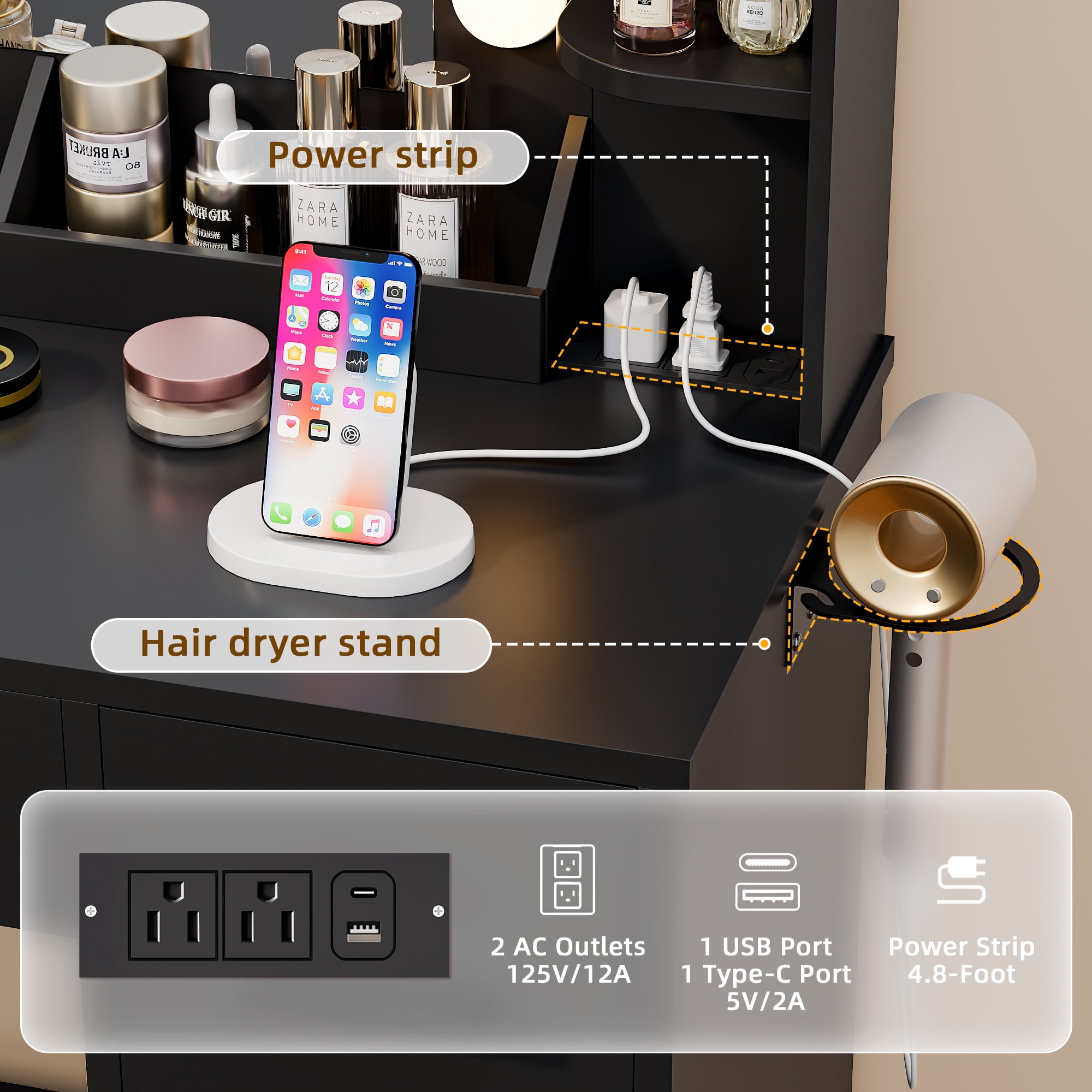 Homall Vanity Desk with Lights & Mirror, Makeup Vanity Set with Power Outlet & Storage Drawers Shelves for Bedroom, Black