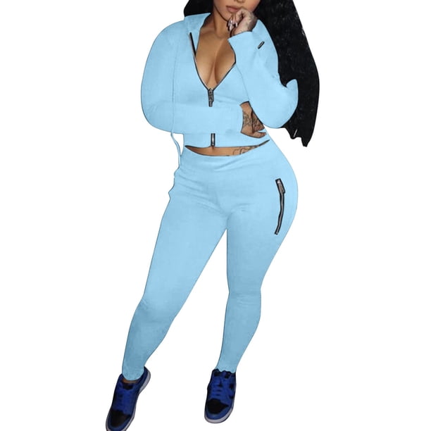 Gibobby Sudaderas de Forro Polar y Pantalones Conjunto de dos piezas de suéter con capucha informal para correr con cremallera de otoño e invierno para mujere(Azul,G)