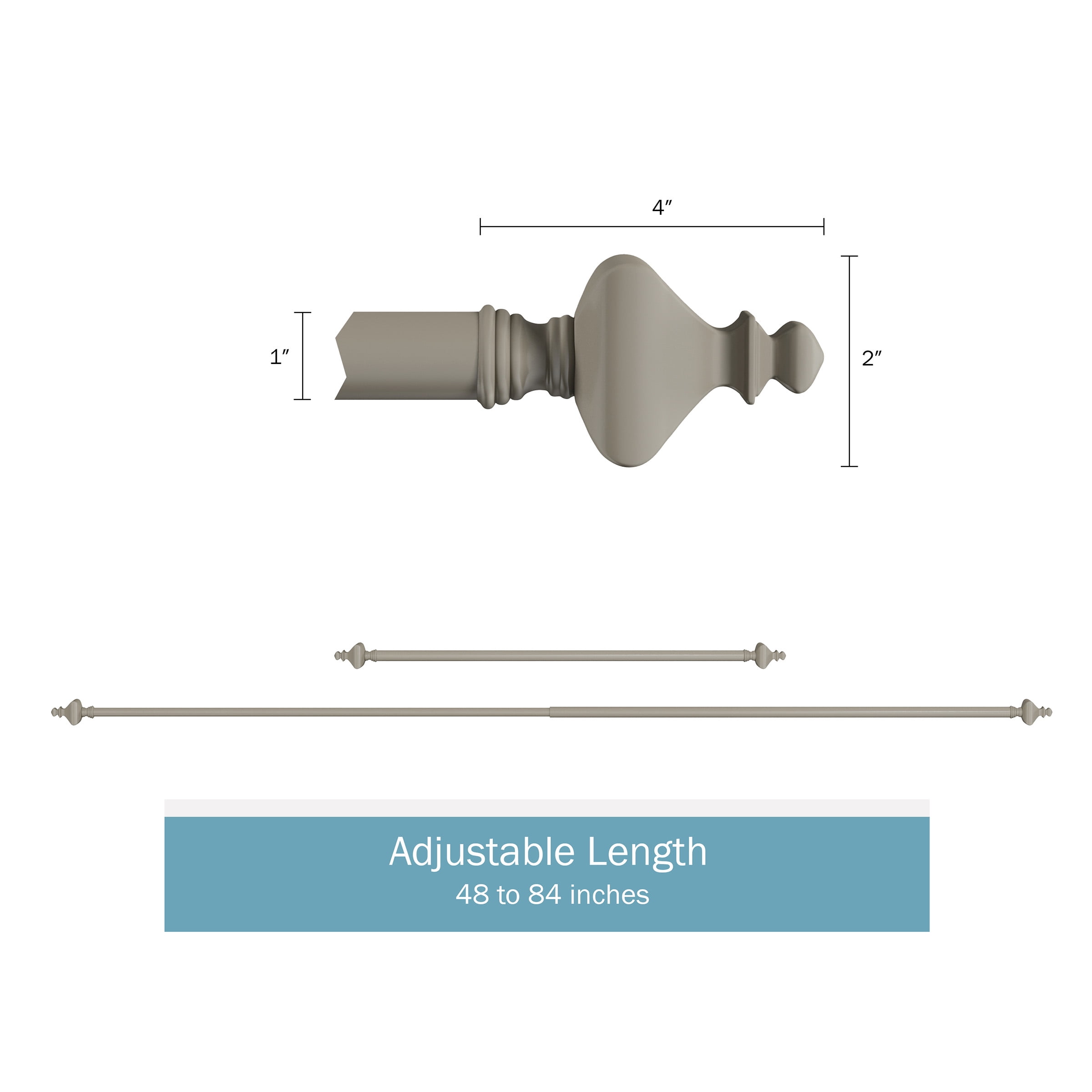 Lavish Home 1-inch Curtain Rod with Turned Finials for Windows 48-84" (Pewter Gray)