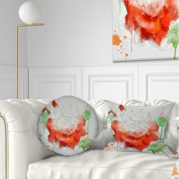 Designart Red Rose Illustration Watercolor - Floral Throw Pillow - 12x20