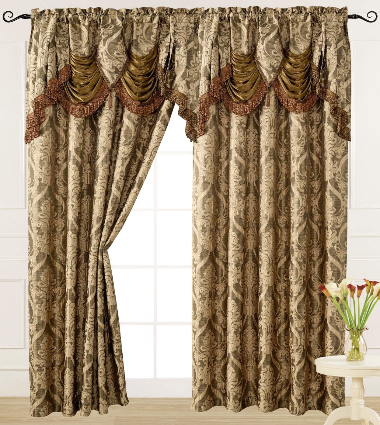 Luxury Jacquard Curtain Panel with Attached Waterfall Valance, 54 by 84