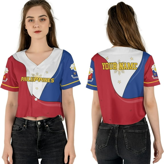 Lotusprinthandmade Personalized Philippines Crop Top Baseball Jersey for Women XS-XL Multicolor