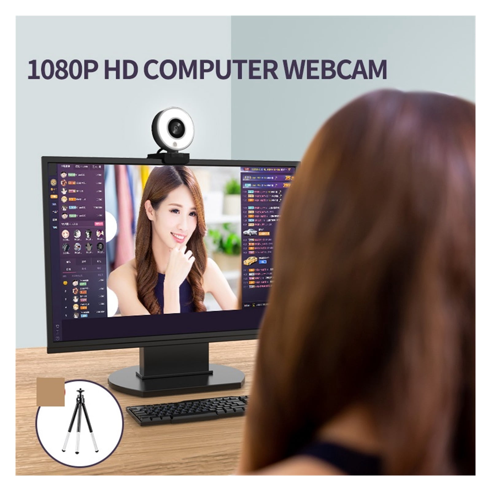 FHD 1080P Fixed Focus Live Streaming Webcam With Dual Ring Light 30FPS USB Tripod Web Camera For PC Laptop For Conferencing ,HD Video