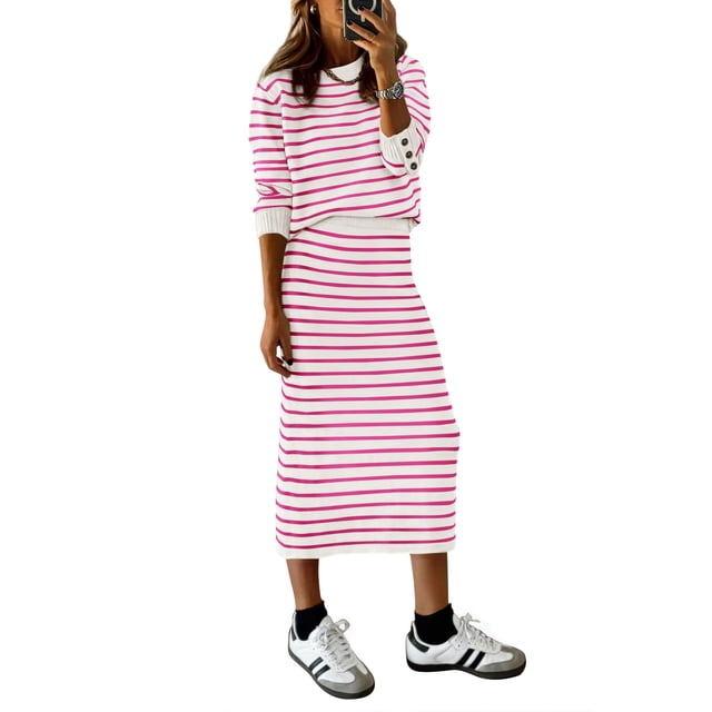 Conjunto de Falda PRETTYGARDEN Suéter de Punto a Rayas XXL