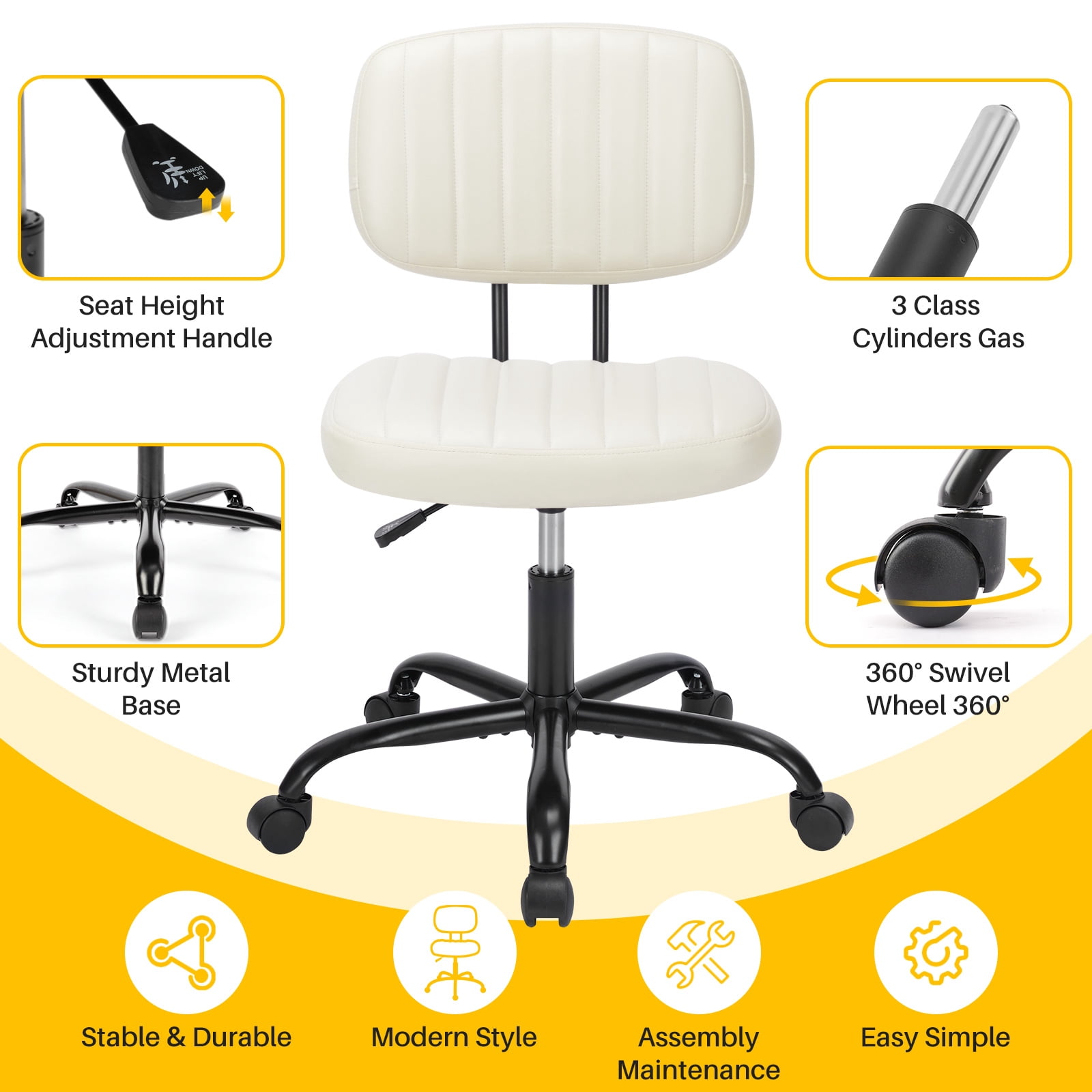 Cute Task Chair, Adjustable Armless Activity Chair with Wheels, Comfy Low Back Swivel Desk Chair, White