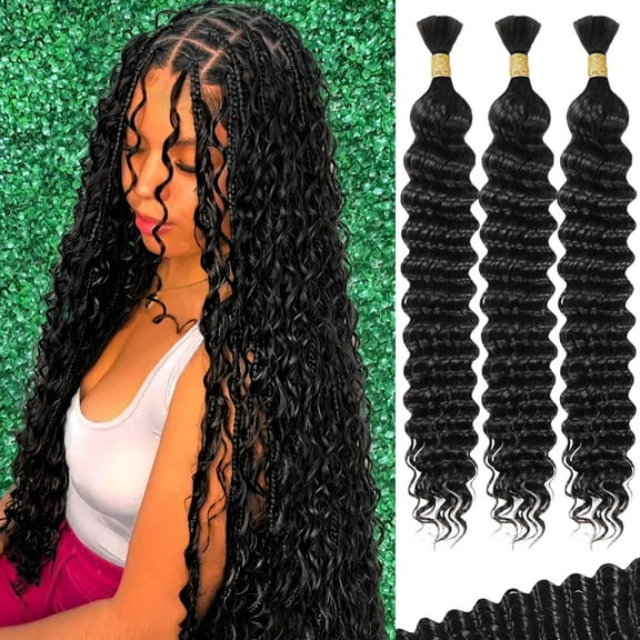 22 Inch Human Braiding Hair for Boho Braids Deep Wave Bulk Human Hair 100% Unprocessed Brazilian Virgin Hair for Braiding Bohemian No Weft 3 Bundles 110g Natural Color