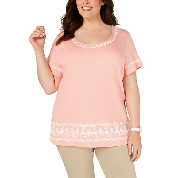Karen Scott Womens Plus Embroidered Striped Blouse, 1X,Coral