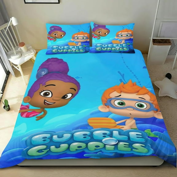 Bubble Guppies Themed Bed Sheet Set Three Piece Set 53x79 In ches Comfortable And Skin Friendly Unique Design Creating A Star Studded Night Home Decor Gifts For Family Friends fans