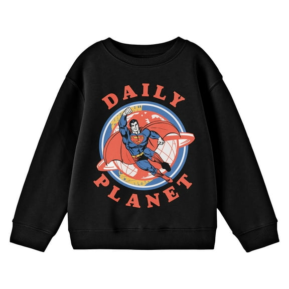 Superman Flying in Front of Daily Planet Youth Black Crew Neck Sweatshirt-Small