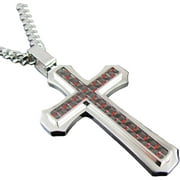 Arista Men's Polished Cross Pendant with Curb Chain in Stainless Steel Red/Black Carbon Fiber, 24"