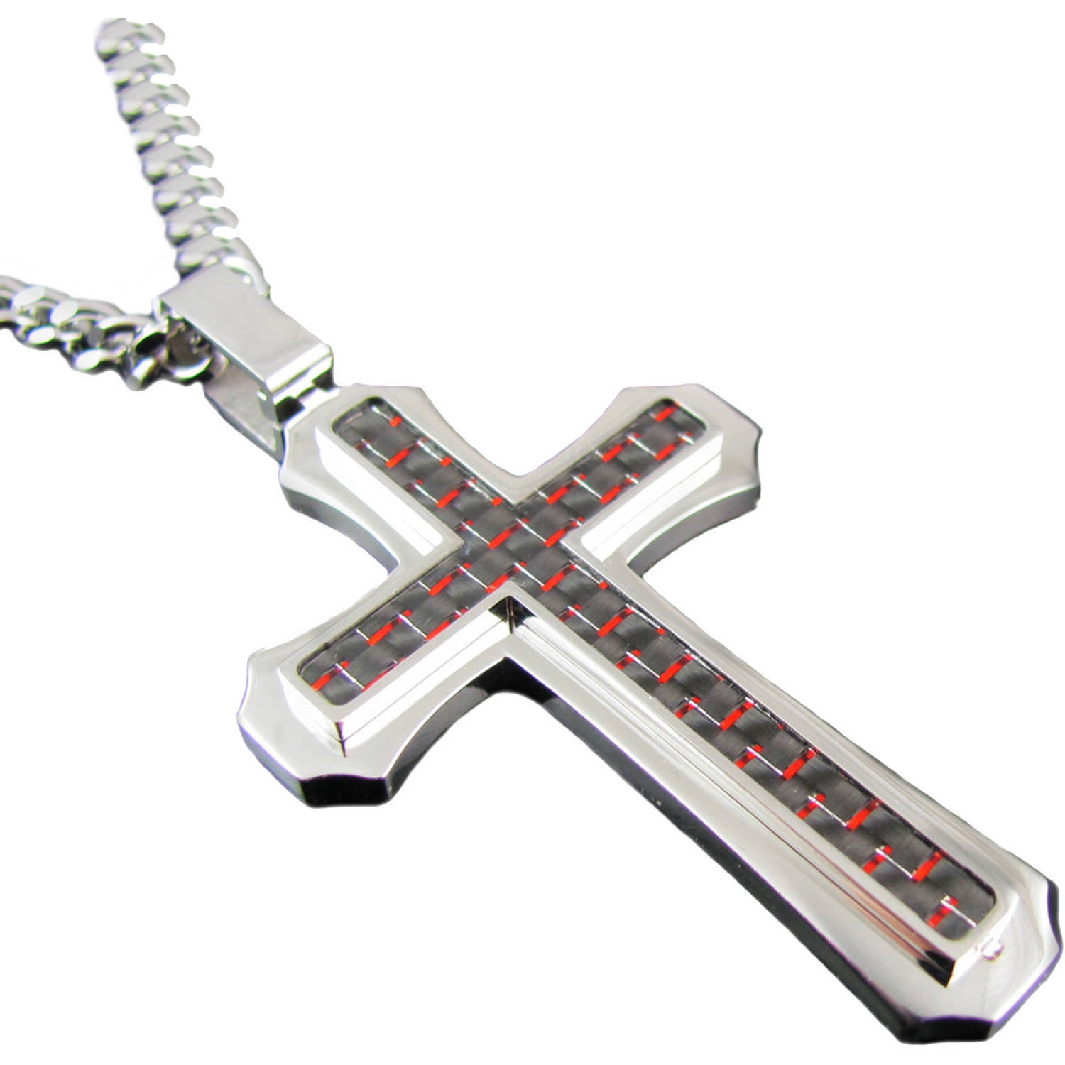 Arista Men's Polished Cross Pendant with Curb Chain in Stainless Steel Red/Black Carbon Fiber, 24"