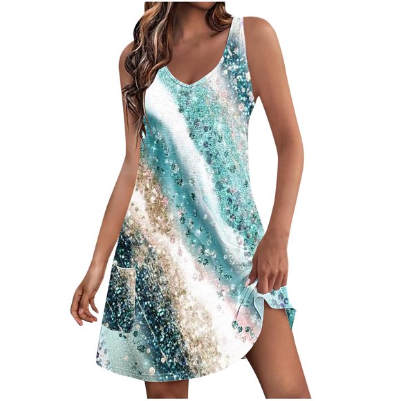 Penkiiy Dress for Women,2024 Hawaiian Dresses Night Out Dress Sleeveless Tank L Blue