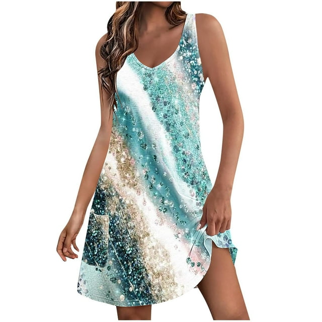 Pisexur Robes d'Été pour Femmes 2024 Tendance Bohème Imprimé Teinture sur Nœuds Robe de Plage Col Rond Sans Manches Ligne A Robes Soleil avec Poches