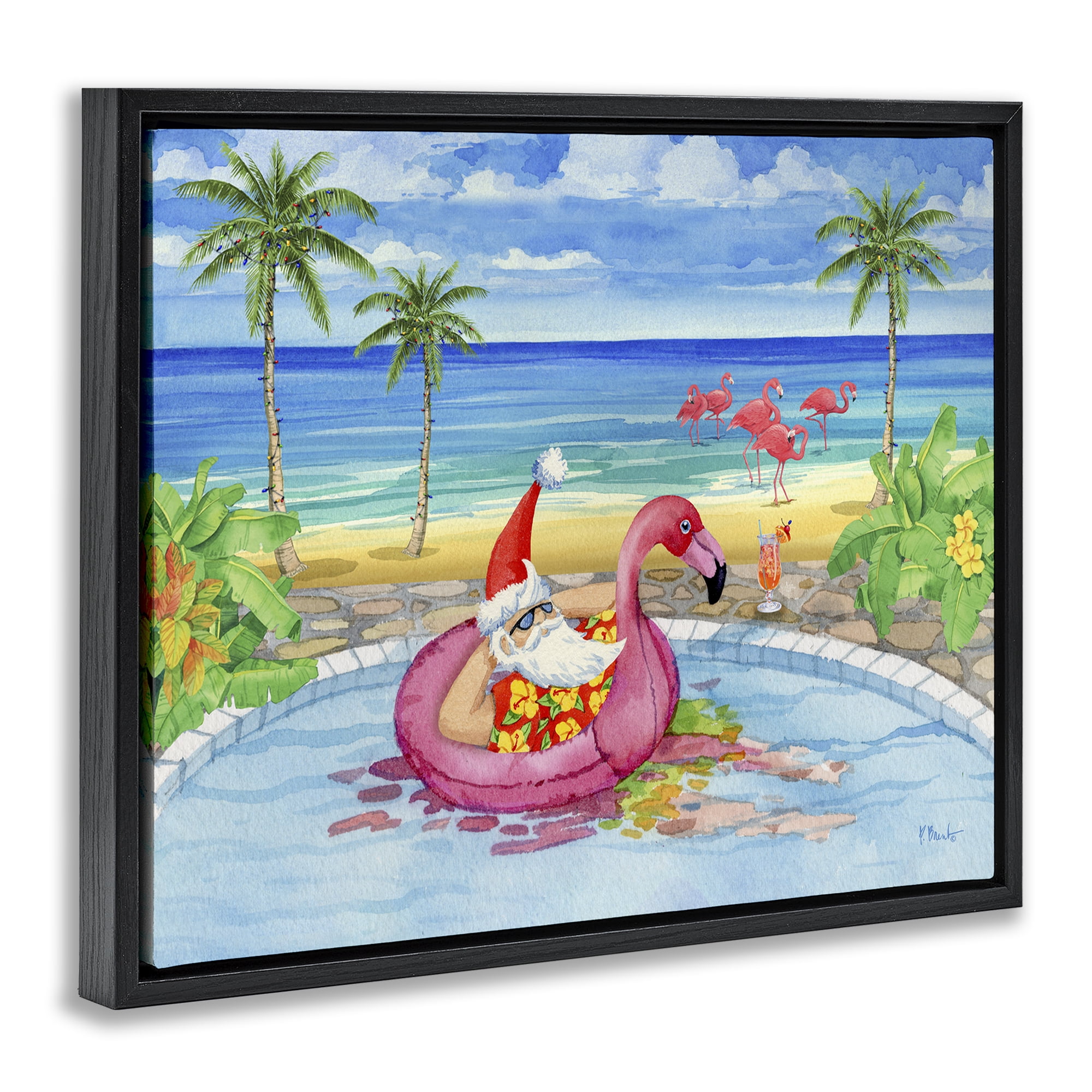 Stupell Industries Santa with Pool Float Holiday Painting Black Floater Framed Canvas Art Prints Wall Art, 21 x 17