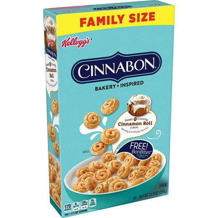 Kellogg's Cinnabon Cold Breakfast Cereal, 7 Vitamins and Minerals, Kids Snacks, Family Size, Original, 13.9oz Box (1 Box)