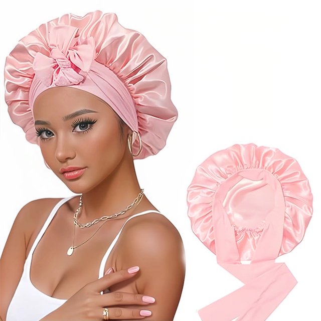 Double Layer Adjustable Tie Band Satin Silk Bonnet Sleep Cap for Sleeping, Double-Sided Color, 2 Pack(Rose pink, pink)