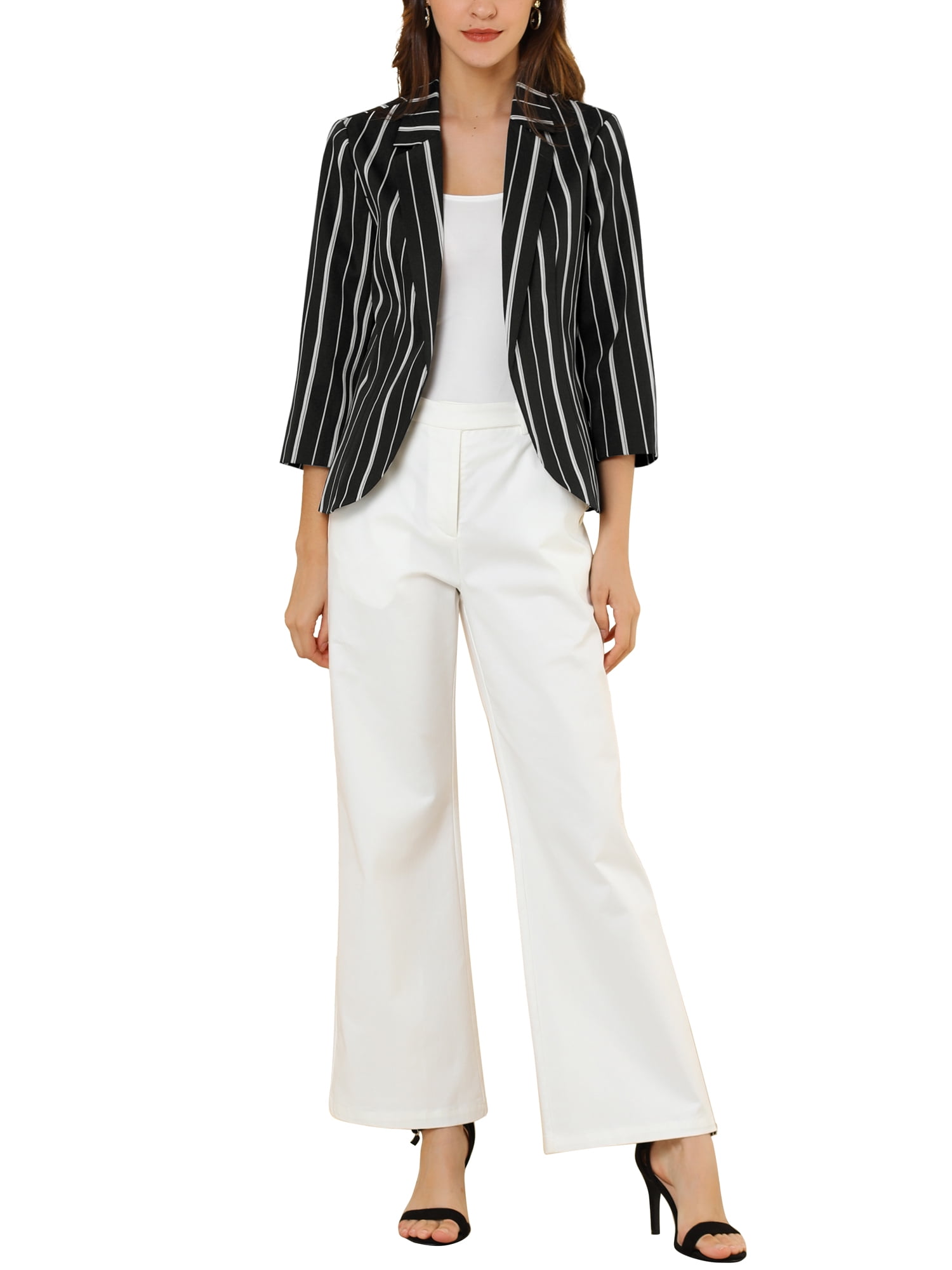 DARING DIVA Women's Striped Open Front Notched Lapel Blazer M Dark Black