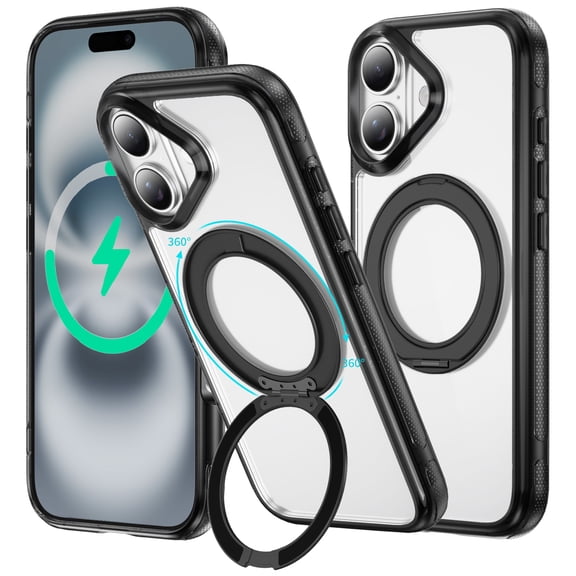 iPhone 16 Case with Stand, 360 Magnetic Ring Stand, Military-Grade Protection [Compatible with MagSafe] Shockproof Case for iPhone 16 Slim Cover Adjustable Foldable Kickstand, Clear