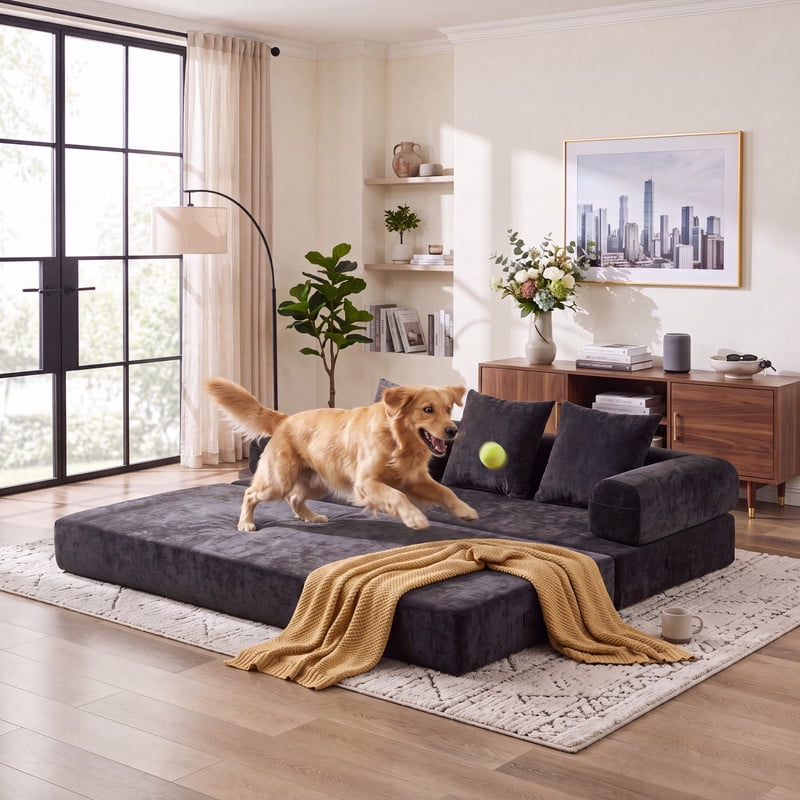 Gewnee 79 Boneless Sofa, Convertible Sofa Bed, Futon Floor Sleeper Sofa Bed with Pillows for Living Room Bedroom, No Assembly Required, Chenille, Classic Black