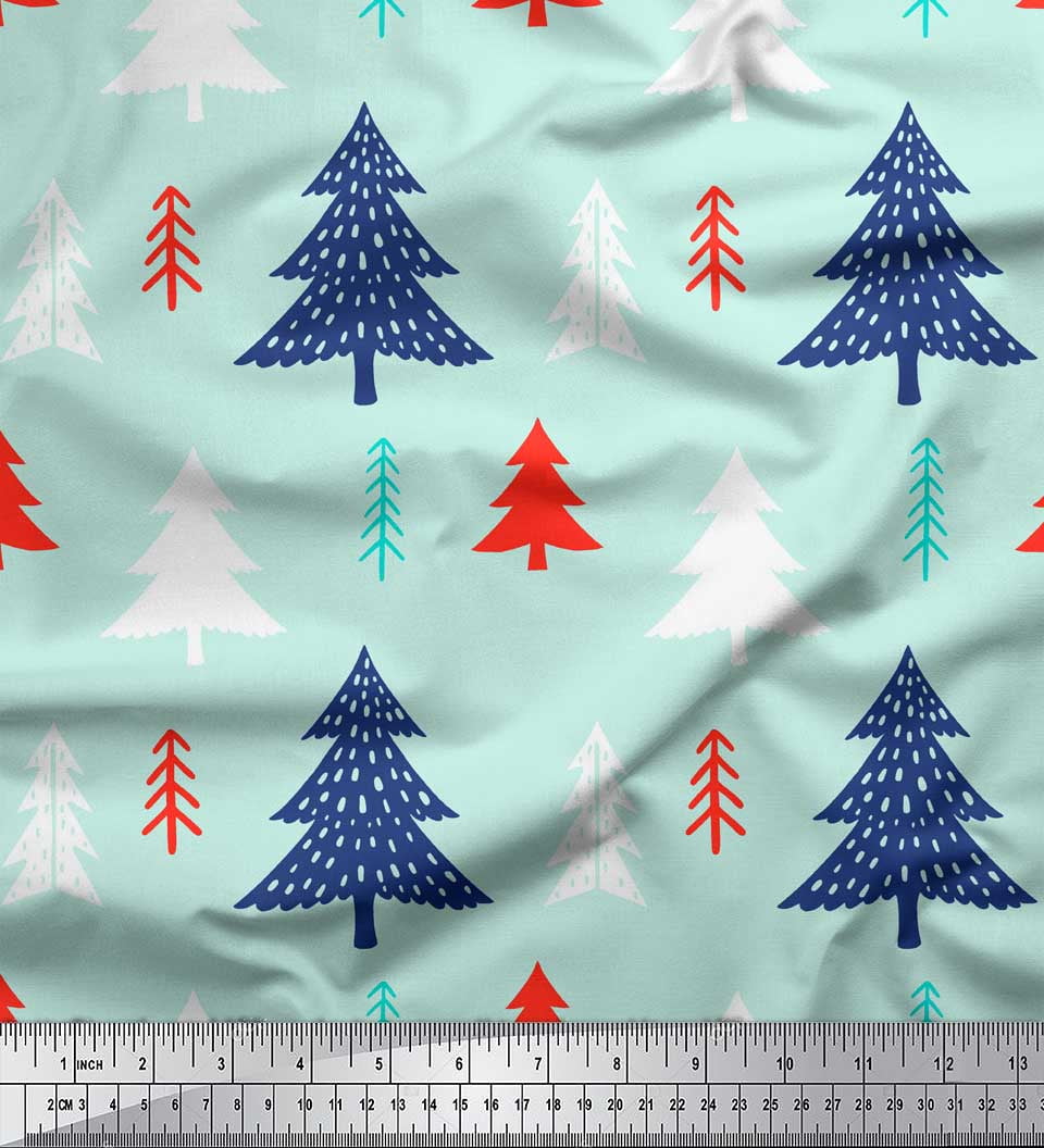 Soimoi Green Heavy Satin Fabric Christmas Tree Printed Craft Fabric by the Yard 54 Inch Wide