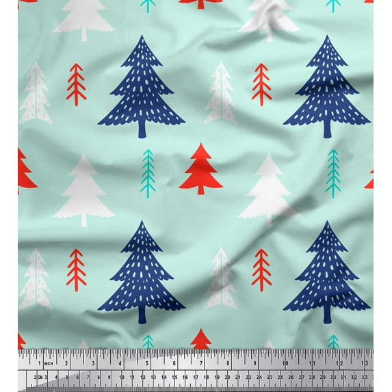 Soimoi Green Rayon Crepe Fabric Christmas Tree Printed Fabric 1 Yard 46 Inch Wide