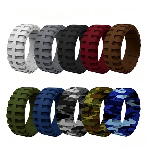 SFTING Silicone Rings for Men 10 Pack Tire Tread & Camo Textured Stackable Rubber Promise Rings Size 9