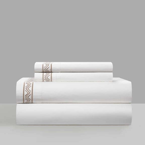 4 Piece Orden Organic Cotton Sheet Set Solid White With Dual Stripe Embroidery