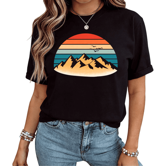 UNISHE Women Vintage Sunset Mountain Outdoor Graphic Short Sleeve T-Shirt Soft Cotton Comfortable Tee