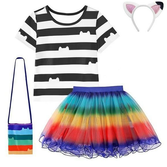 Girls Doll Cat T-shirt Skirt Sets Halloween Rainbow Costume Outfits 3-9Y